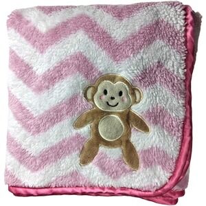 SL Home Fashions Pink‎ Monkey Chevron Baby Blanket Zig Zag RN: 119741 Satin Trim